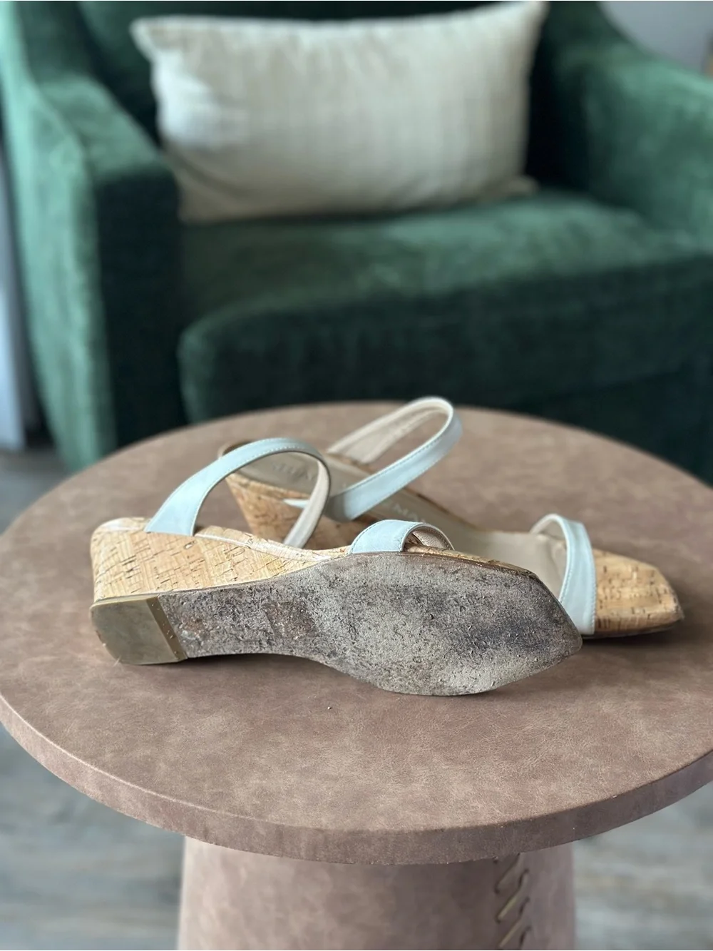 Stuart Weitzman White Leather Cork Wedge Sandals - Picture 3 of 4